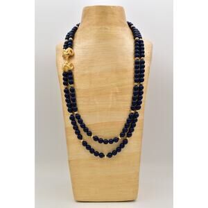 KJL Avon Vintage Beaded Necklace Ram Gold Navy Blue Beaded Chunky Signed Bin6B
